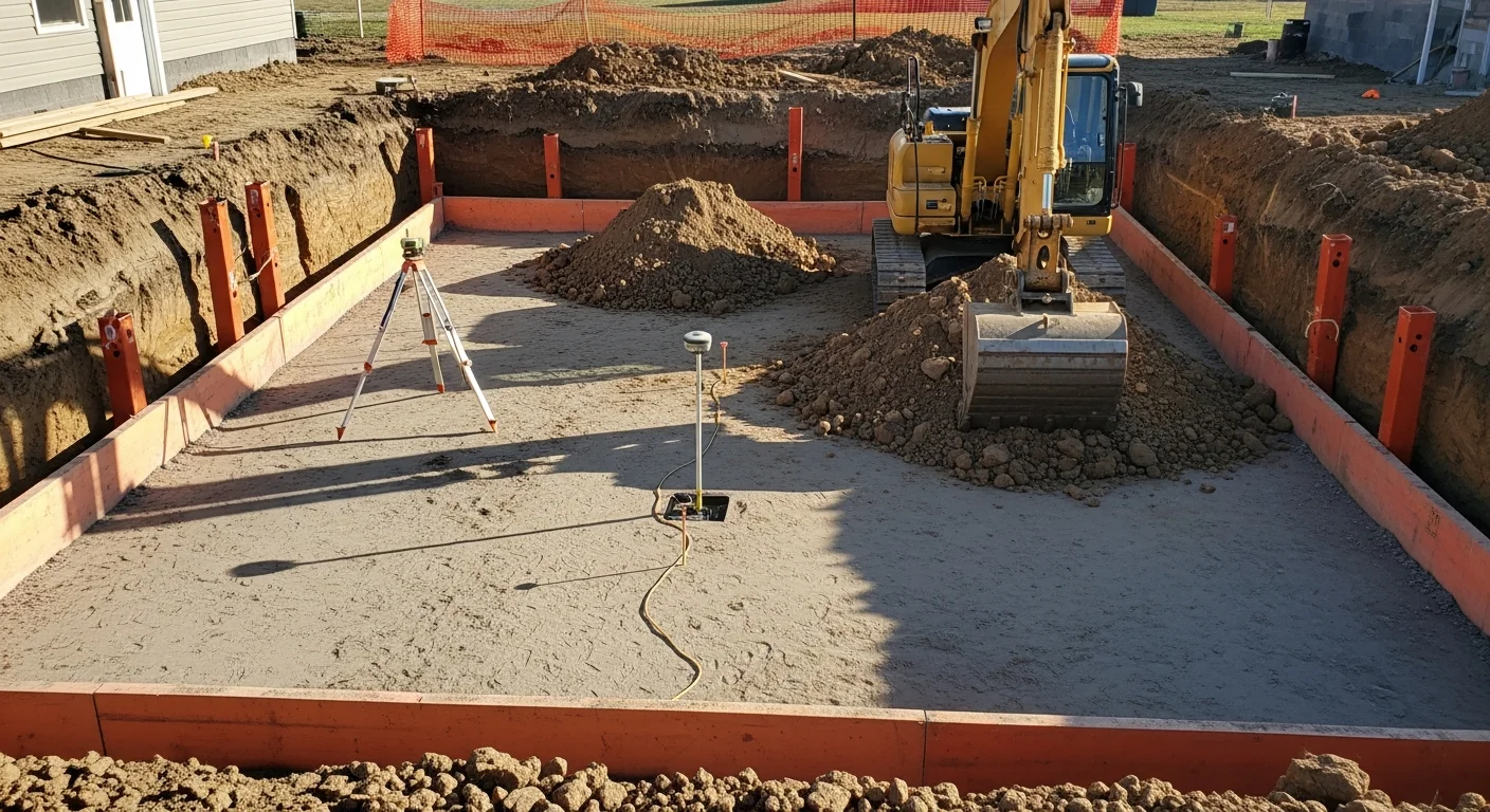 A large excavator digging a deep basement pit on a residential lot in St. Louis County, MO, with clay soil walls visible and shoring equipment in place along the trench edge.