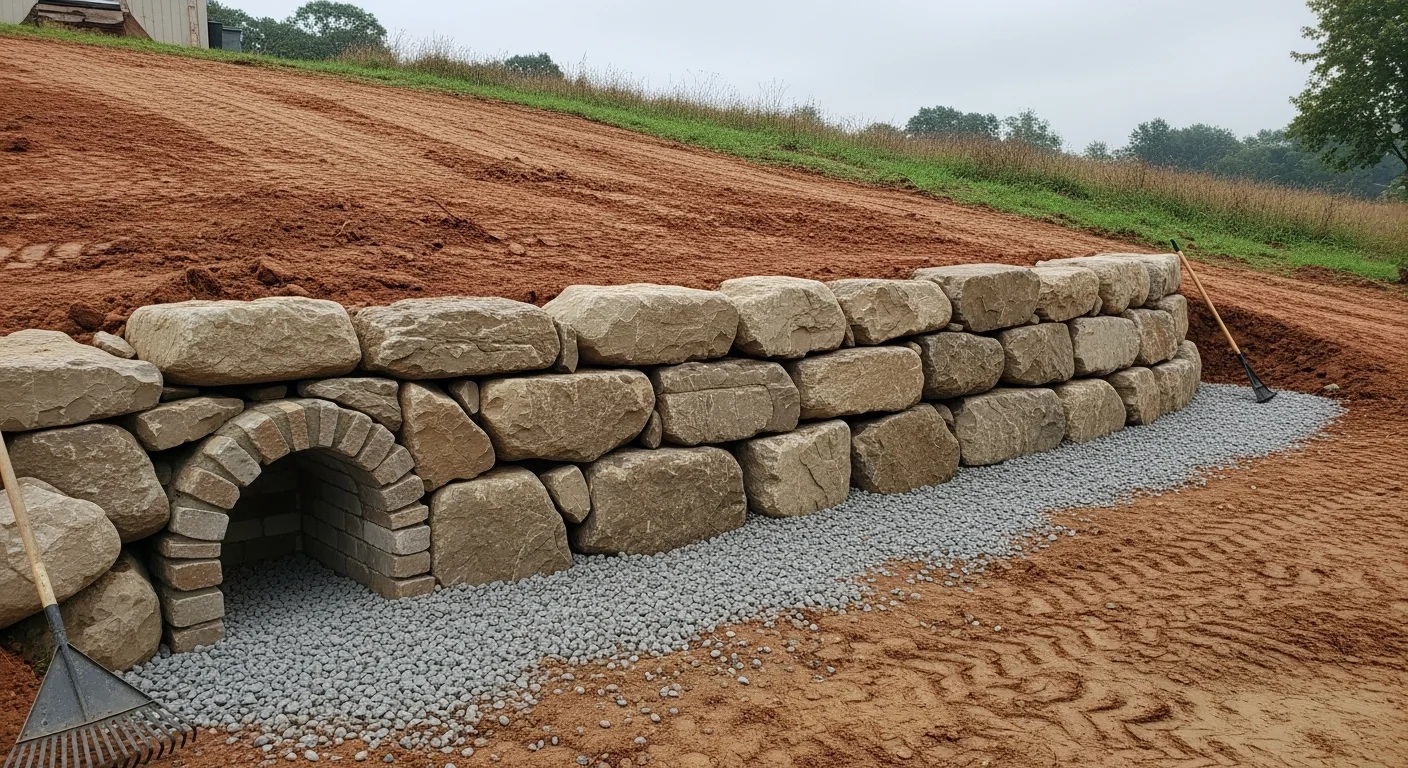 A completed boulder retaining wall on a sloped residential property in St. Louis County, MO, with large natural stones stacked to hold back a graded hillside. The wall creates a level yard area above and shows gravel drainage material visible at the base.