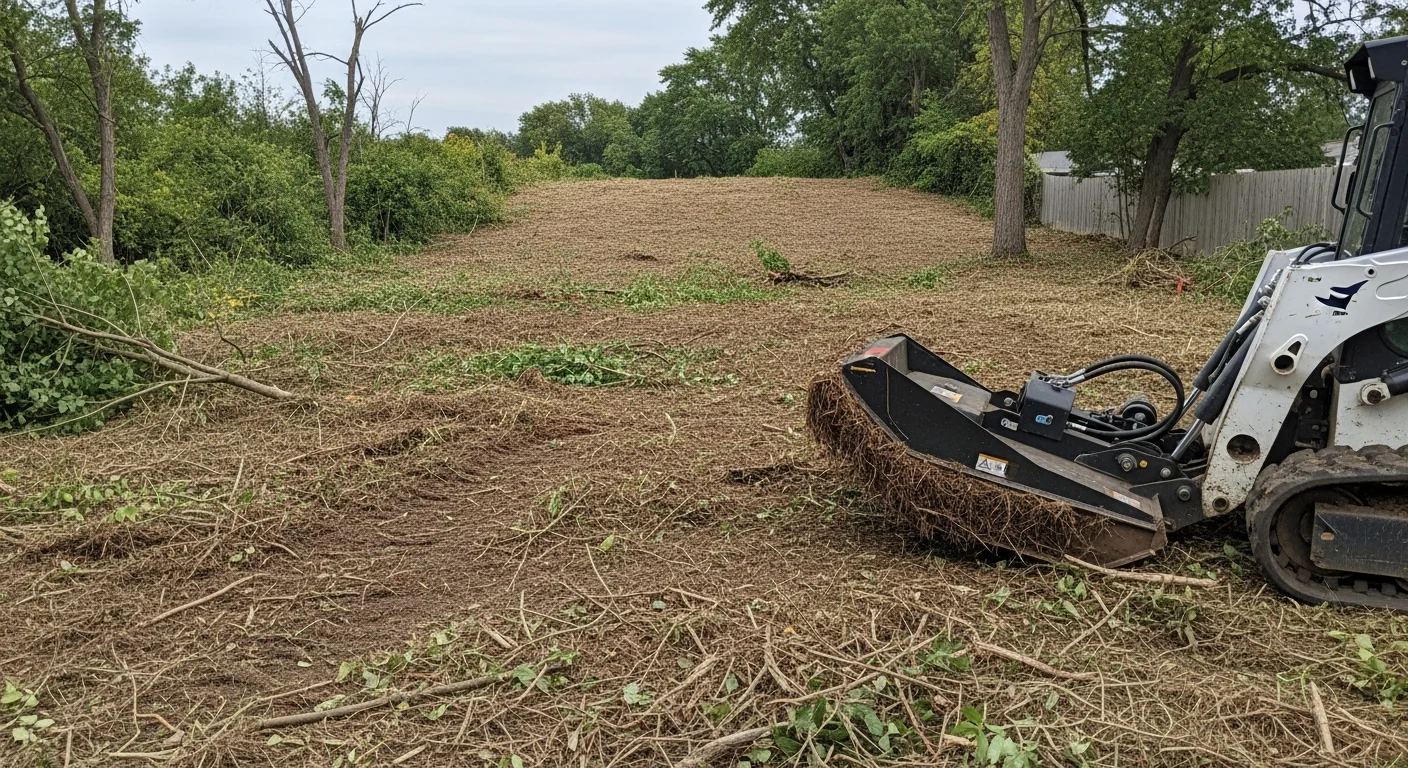 A St. Louis County, MO rural lot after brush hogging, showing a wide area of evenly cut grass and cleared brush with no remaining tall weeds or saplings. Heavy-duty rotary cutter equipment is visible at the edge of the cleared field.