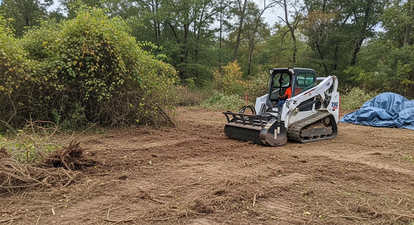 A cleared residential lot in St. Louis County, MO after professional brush removal, showing bare ground and clean edges where dense overgrown vegetation and woody shrubs have been fully removed. Equipment tracks and a tidy debris-free site edge are visible against a backdrop of remaining mature trees.