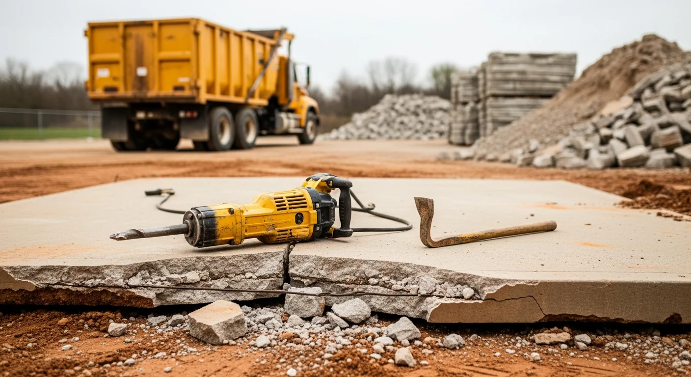 A concrete slab being broken apart by an excavator on a residential lot in St. Louis County, MO. Broken concrete chunks are staged near a dump truck for haul-off, with the cleared ground visible alongside the demolition area.