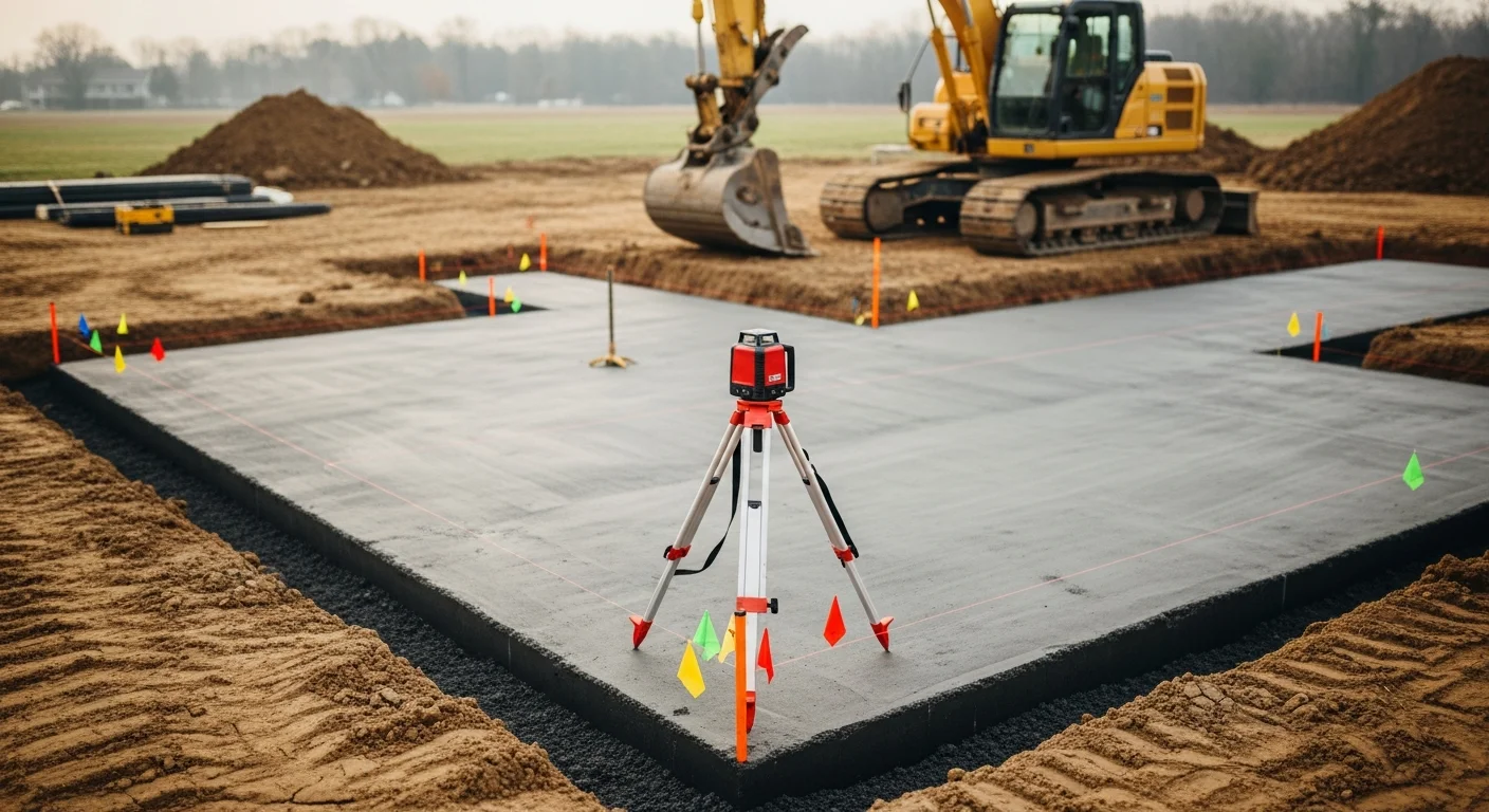 A tracked excavator digging a level foundation pit on a residential lot in St. Louis County, MO, with graded soil walls and a cleared building footprint visible. Stockpiled topsoil sits to the side of the excavation zone.