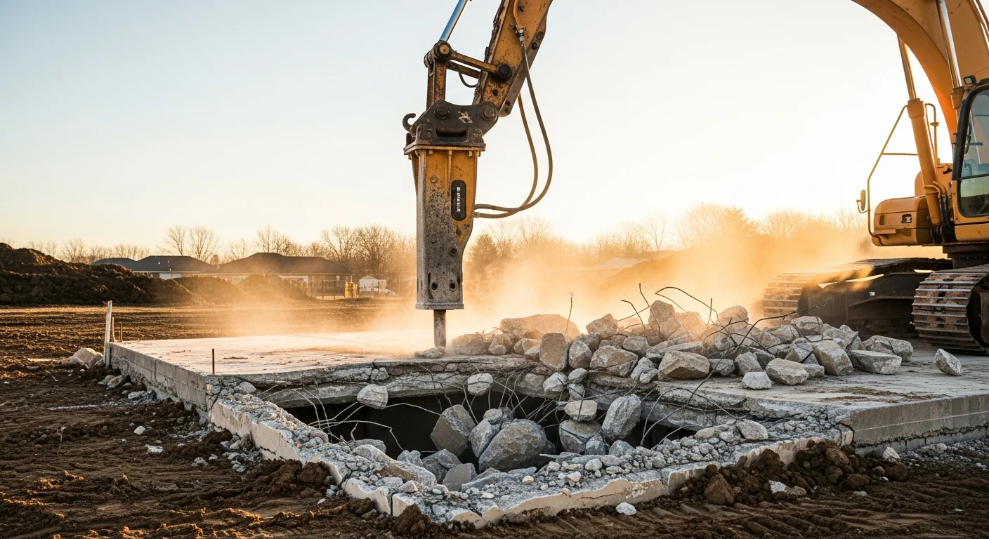 A hydraulic breaker attachment on an excavator breaking a thick reinforced concrete slab on a residential demolition site in St. Louis County, MO. Broken concrete chunks and exposed rebar are visible around the excavator bucket.