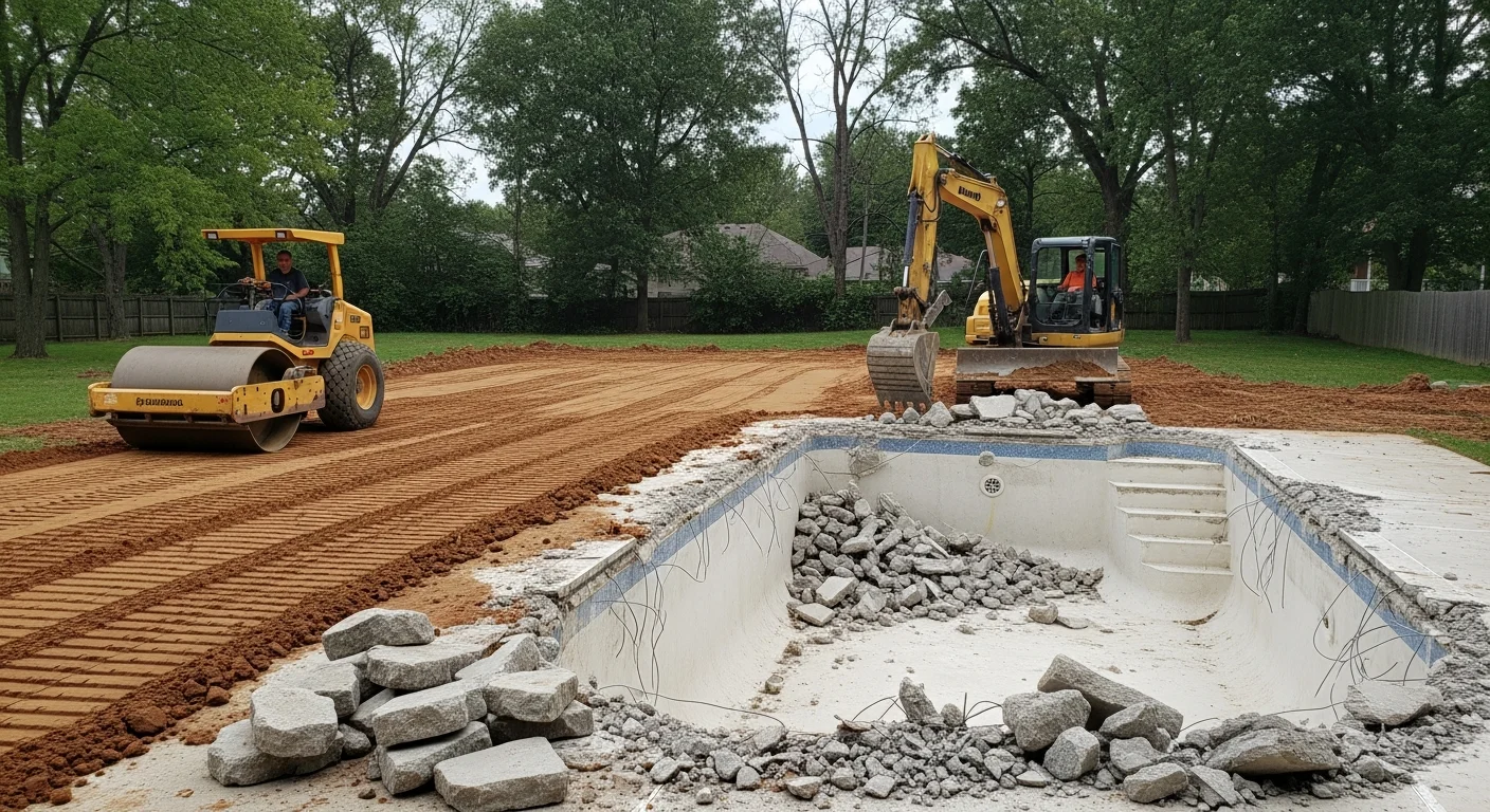 A St. Louis County, MO backyard after inground pool demolition, showing a level, compacted soil surface where the pool once sat. Excavation equipment is staged nearby and the surrounding yard is intact.