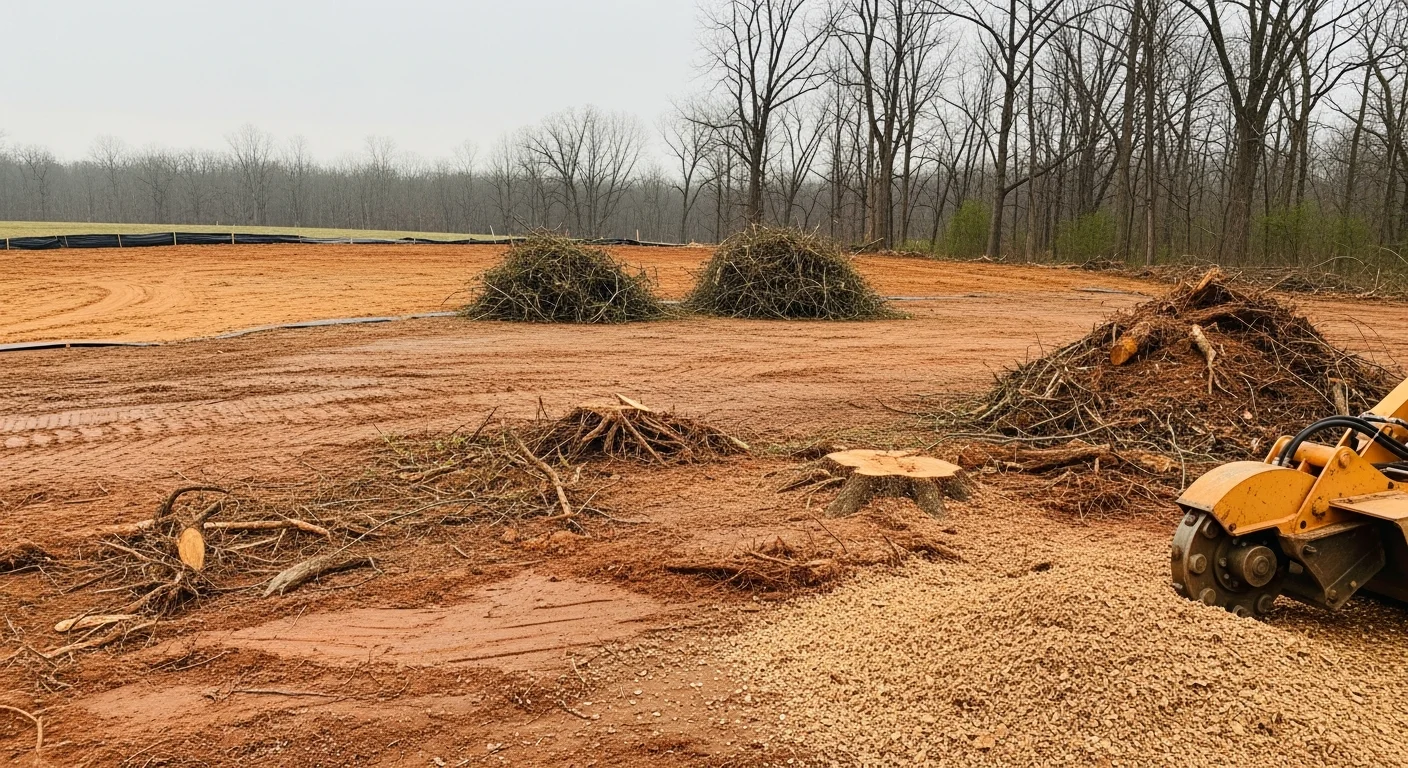 A St. Louis County residential lot after professional land clearing, showing bare level ground with stumps removed and surrounding trees left intact. Heavy equipment tracks are visible at the edge of the cleared area, with a wooded property line in the background.