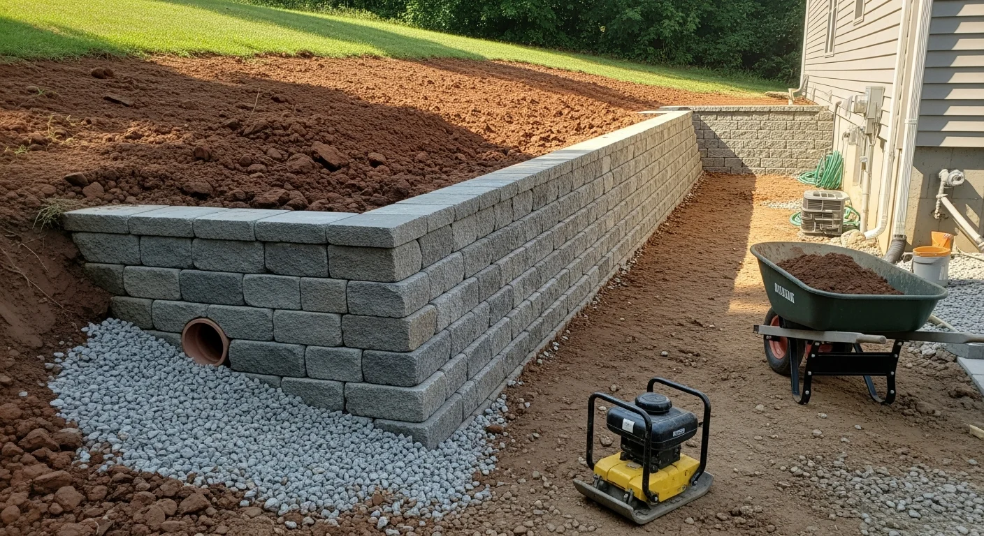 A completed multi-tier landscape retaining wall on a sloped residential backyard in St. Louis County, MO, with graded flat lawn areas between each tier. Stacked block construction shows clean horizontal coursing against a clay-soil hillside.