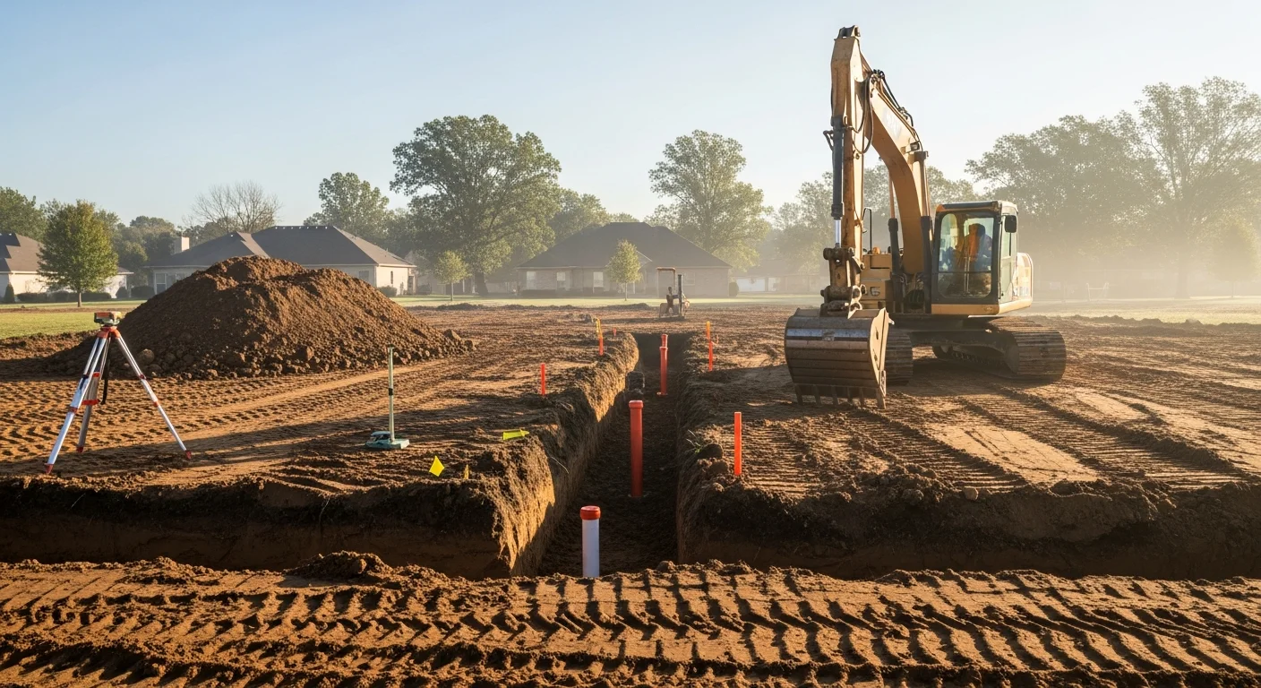 A large excavator digging a residential foundation pit on a cleared lot in St. Louis County, MO, with graded soil banks and a new home construction site visible in the background.