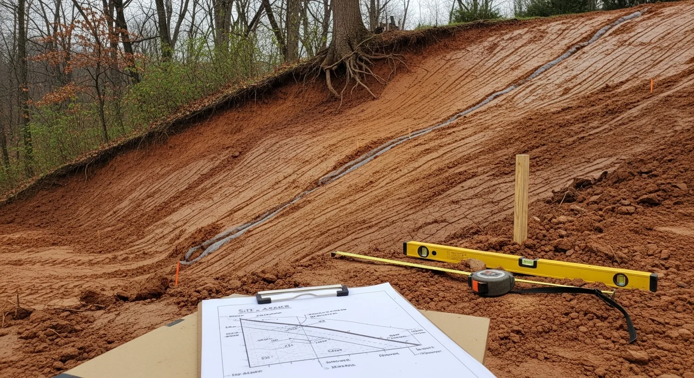 A newly designed and constructed retaining wall on a sloped residential property in St. Louis County, MO, with level graded soil behind the wall and a clean drainage line visible at the base. The wall steps back from a clay-soil hillside, showing multiple courses of block set against a green lawn.
