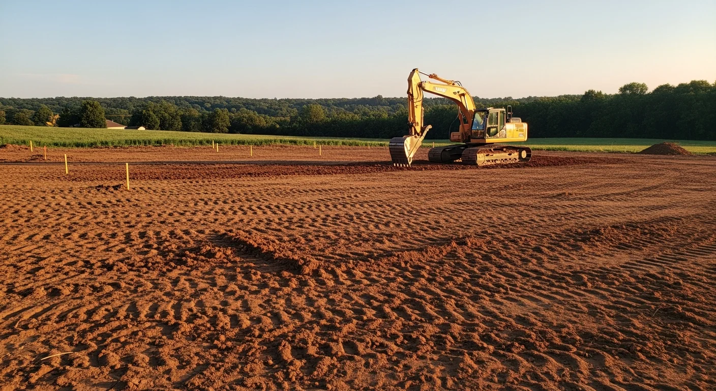 A graded residential lot in St. Louis County, MO with exposed clay soil leveled and shaped for construction. A tracked excavator sits at the edge of the cleared site with no vegetation remaining on the prepared ground.
